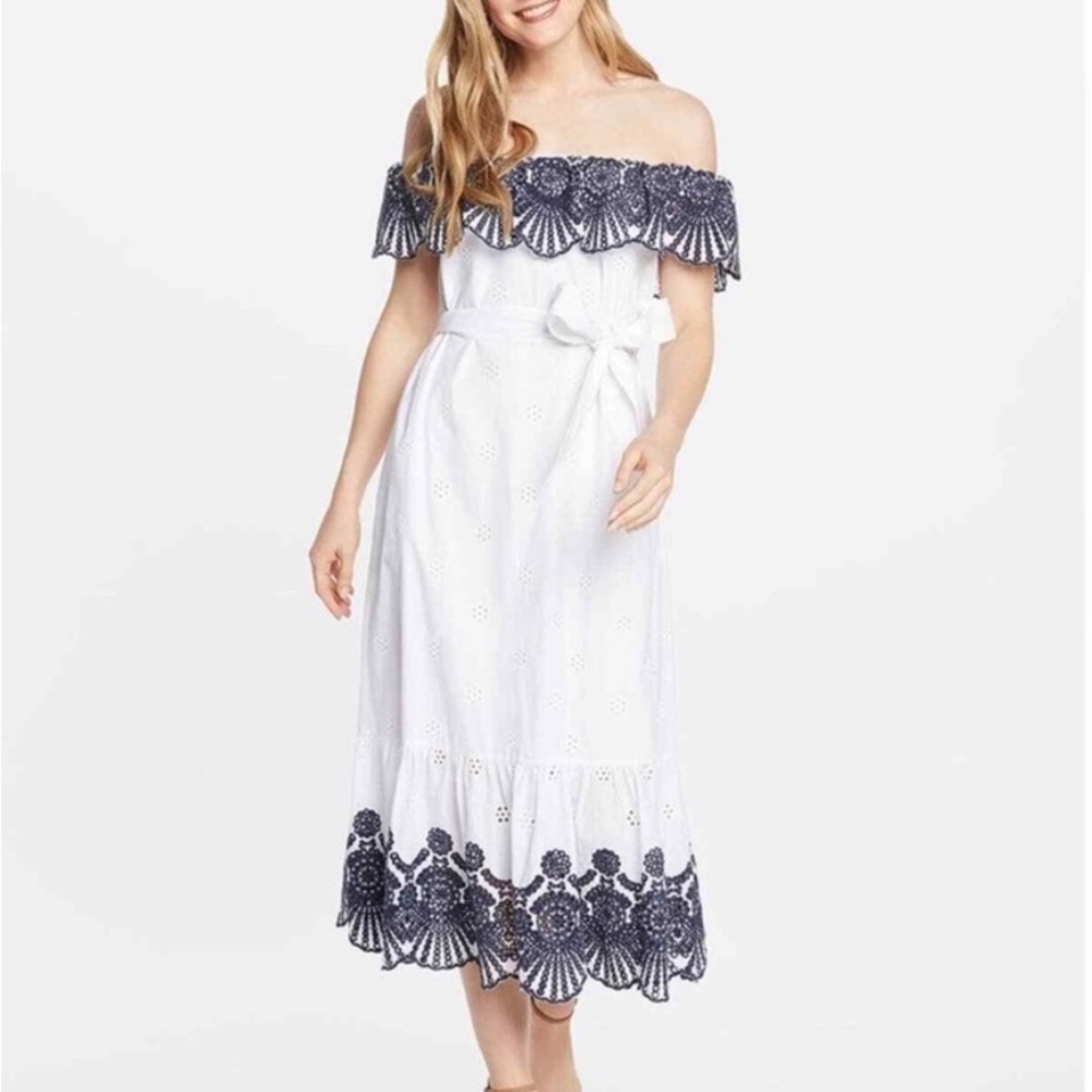 Draper James Off-Shoulder White and Navy Midi Dress